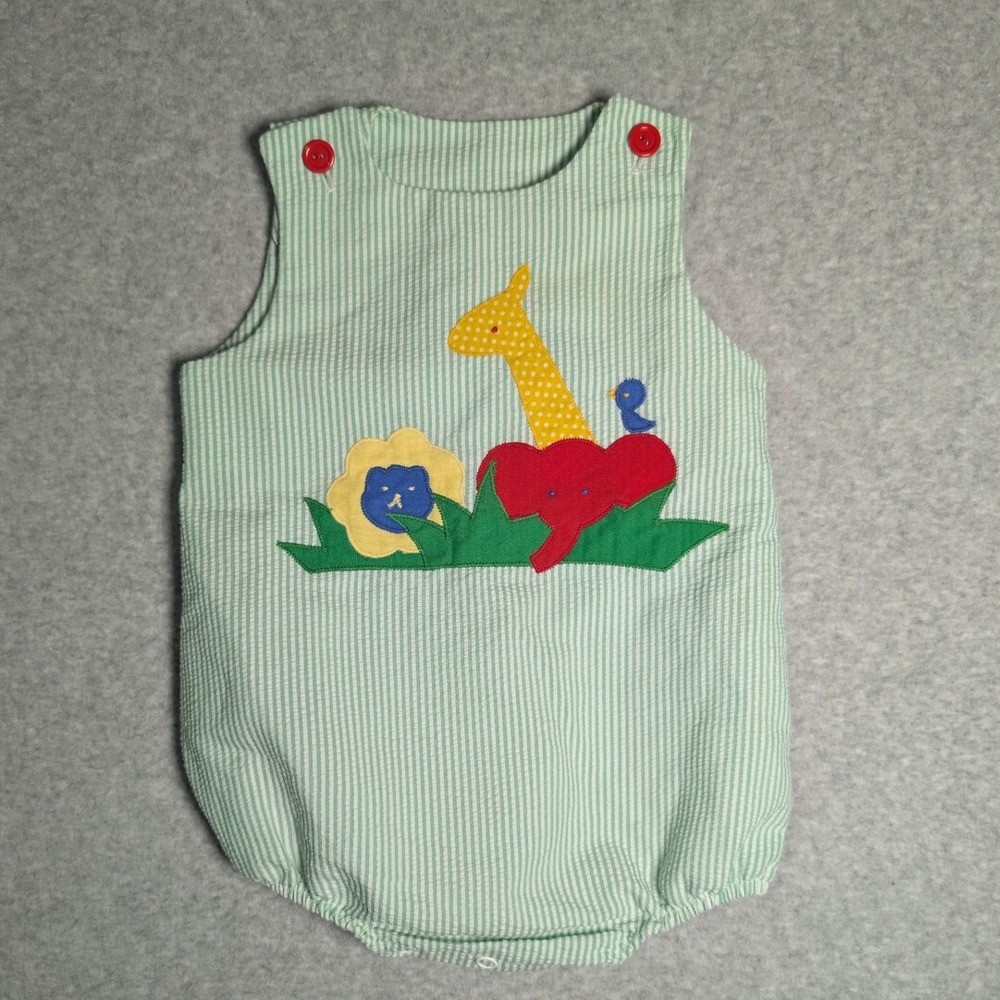 Robert Jackson Vintage Baby Boys Green Seersucker Animal Romper 6-9 Months USA